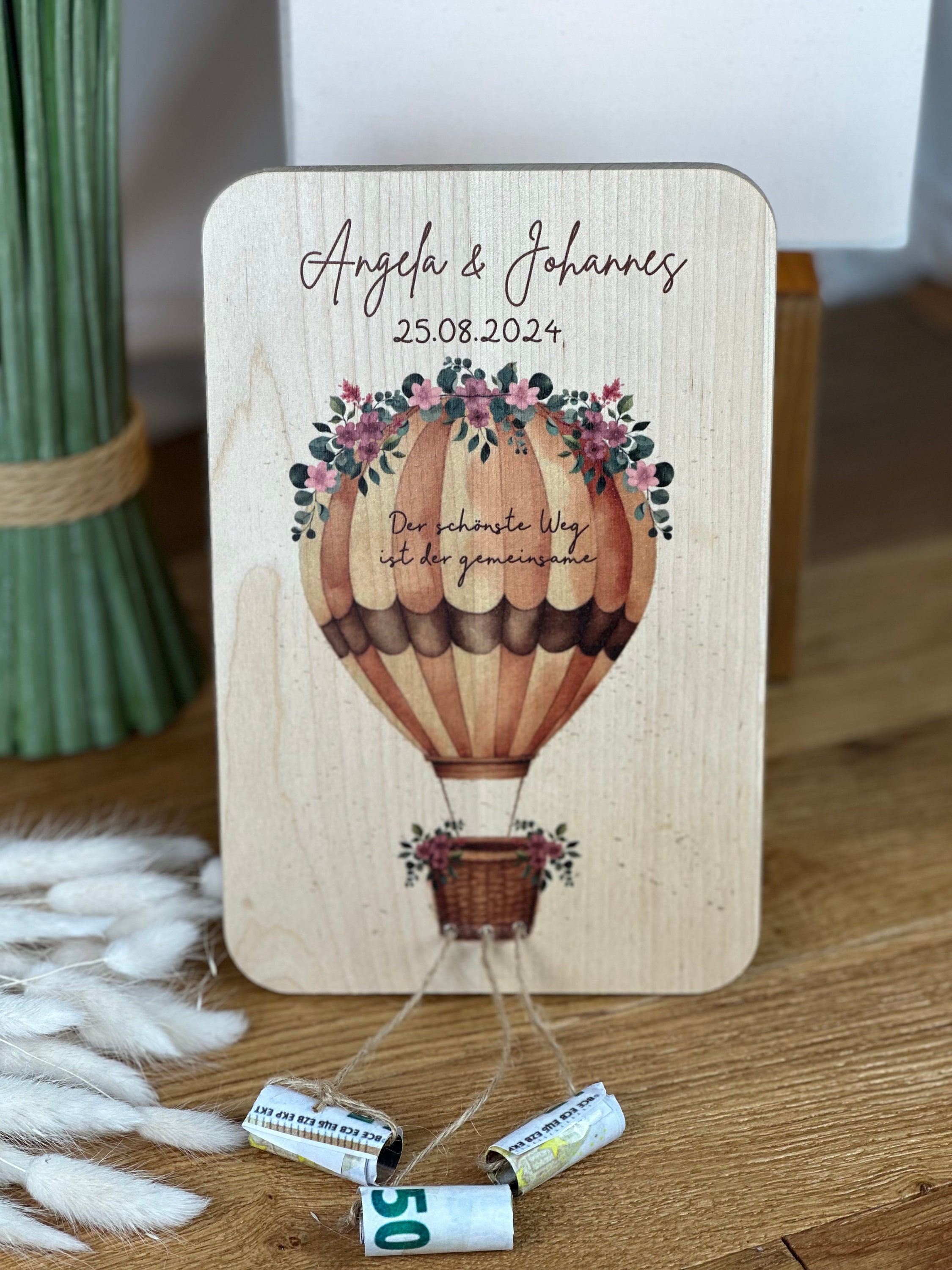 Hochzeitsgeschenk, Geldgeschenk, Holz, Auto, Brautpaar, Geschenk zur Hochzeit personalisiert im Boho Styl Heißluftballon, Ballon