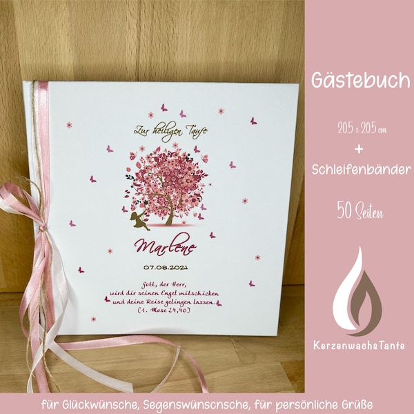 Gästebuch zur Taufe quadratisch 21,5cm x 21,5cm personalisiert mit dem Baum des Lebens und schaukelndem Mädchen (Motiv2) mit 50 Blankoseiten