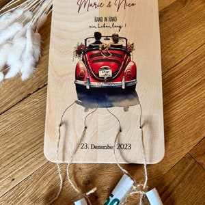 Hochzeitsgeschenk, Geldgeschenk, Holz, Auto, Brautpaar, Geschenk zur Hochzeit personalisiert in rot