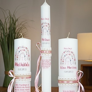 Baptism candle, communion candle, rainbow + flowers & cross on vintage candle + lace wall + bow on the side in pink (motif 810) on 25 x 6 cm candle