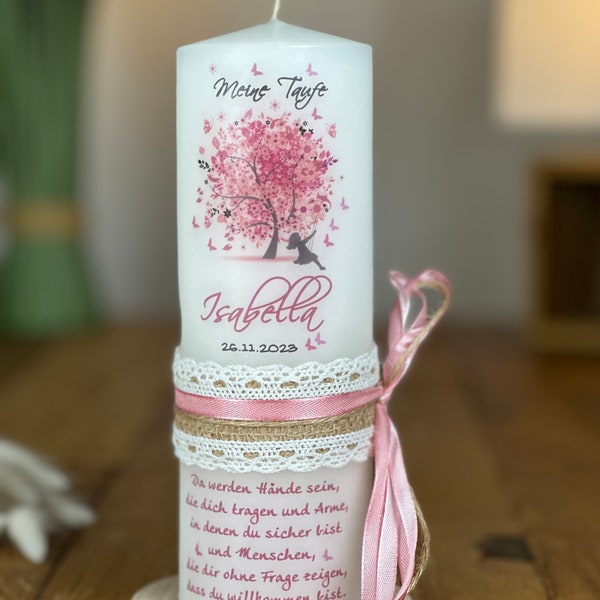 Baptismal candle Tree of Life in vintage with the rocking girl in pink (motif 1) + lace ribbon with bow on the side in old pink-pink