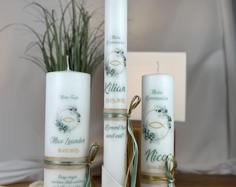 Taufkerze Kommunionkerze Eukalyptus Fisch im Vintage Stil mit Juteband + Schlaufe seitlich in Salbei-gold  (Motiv 655)