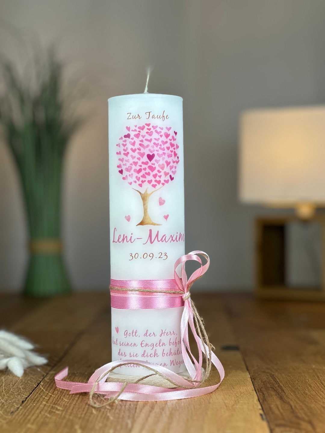 Taufkerze Baum Herz aquarell in altrosa-rosa auf Vintage Kerze ...