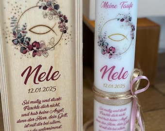 Taufkerze Kommunionkerze Eukalyptus Fisch in rosa im Vintage Stil mit Juteband + Schlaufe seitlich in rosa-gold  (Motiv 655)