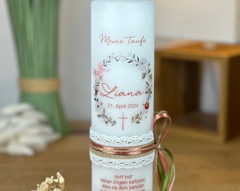 Christening candle, communion candle, flower wreath Liana with cross and dove for girls + vintage lace ribbon + side loop in rose gold-olive 832