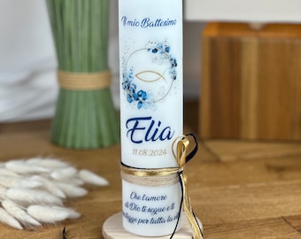 Christening candle, communion candle, blue eucalyptus, fish Elijah in vintage style with jute ribbon and loop on the side in dark blue and gold (motif 655)
