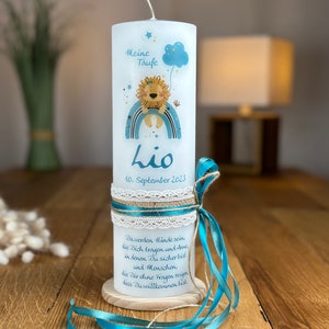 Baptism candle, communion candle, lion with rainbow turquoise on vintage candle + lace ribbon + bow on the side in petrol-turquoise (motif 360)