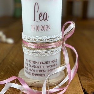 Baptism candle, communion candle, rainbow girl colors in vintage lace ribbon with bow on the side in old pink-pink motif 197-9 image 4