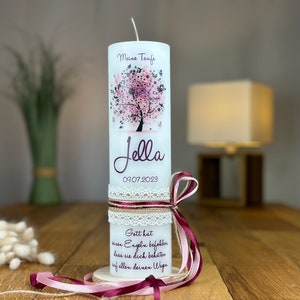 Baptism candle, communion candle, tree of life, pink plum + lace ribbon with bow on the side in pink plum (motif 26)