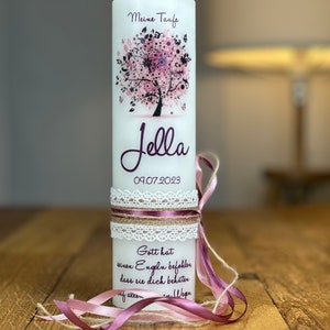 Baptism candle, communion candle, tree of life, pink plum in vintage style, + lace ribbon + bow on the side in old pink plum (motif 26)