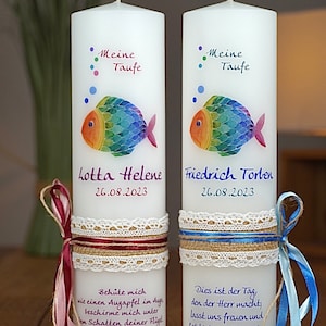 Baptism candle fish in rainbow colors in vintage style with lace ribbon + bow on the side in plum pink or blue (motif 6)