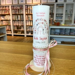 Baptism candle, communion candle, rainbow with flowers & cross on vintage candle + lace wall + bow on the side in pink (motif 810)