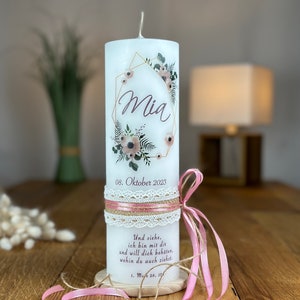 Taufkerze Kommunionkerze Blumenranke für Mädchen in rosa-altrosa - (108) + Spitzenband