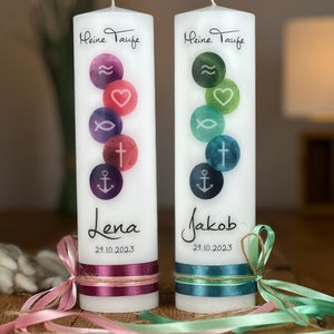 Baptism candle / communion candle faith love hope turquoise-petrol (motif 316) with satin ribbon and bow on the side in mint light & dark