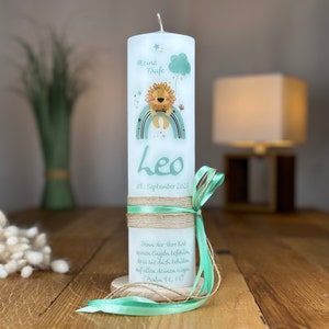 Baptism candle, communion candle lion with rainbow mint on vintage candle + jute ribbon + bow on the side in mint light & dark (motif 360)