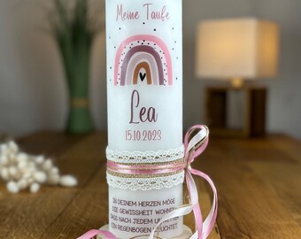Rainbow christening candle with lace ribbon and side loop in antique rose-pink for girls - (197-9)