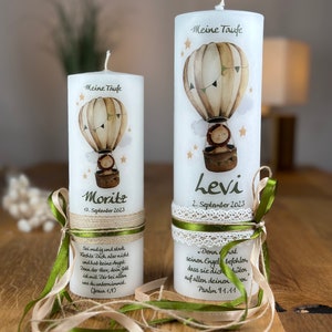 Baptism candle, communion candle, lion in a balloon on vintage candle + lace ribbon + bow on the side in olive green & beige 817