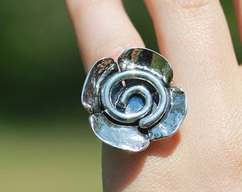 Sterling Silver Spiral Flower Ring - Size 6 3/4 - Large Statement Ring - Spiral Ring - Cocktail Ring - Abstract Jewelry -Boho Ring -Big Ring