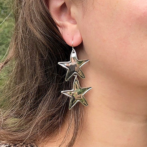 Sterling Silver Double Star Earrings - Statement Earrings - Statement Jewelry - Silver Star Jewelry - Long Earrings - Bold Earrings - Funky