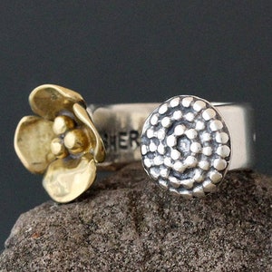 Sterling Silver and Brass Dogwood Flower and Beaded Spiral Cuff Ring - Size 6 1/2 Adjustable