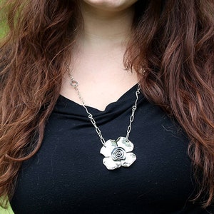 Sterling Silver Flower Necklace - Large Flower Rose - Sterling Statement Necklace - Spiral Necklace - Handmade Chain - Toggle Clasp Necklace