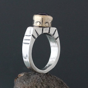 Sterling Silver and Gold Amethyst Ring - Gold Ring - Egyptian Ring - Etruscan Jewelry - High Ring - Square Ring - Amethyst Solitaire Ring