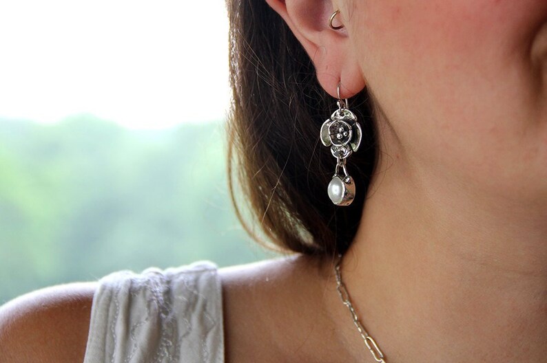 Natural White Pearl Earrings Boho Pearl Gift for Her Sterling Silver and Pearl Dogwood Flower Earrings Elegant Floral Bridal Earrings
