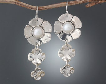 Sterling Silver Dogwood Flower Pearl Earrings - Flower Earrings - Bridal Earrings - Statement Earrings - Silver Earrings - Floral Earrings