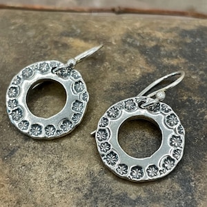 Sterling Silver Floral Stamped Hoop Earrings - Silver Earrings - Floral Pattern - Minimalist Silver Hoop Earrings - Boho Gift for Her