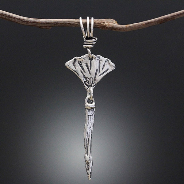 Sterling Silver Ginkgo Leaf and Twig Pendant - Silver Necklace Pendant - Vine Bail - Natural Jewelry - Leaf Jewelry - Ginkgo Pendant