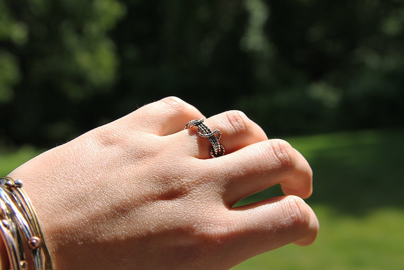 K&ouml;nnte beinhalten: Ein handgefertigter Ring mit einem einzigartigen, gewebten Design. Der Ring besteht aus dunklem Metall, m&ouml;glicherweise Bronze oder Kupfer, und weist ein kompliziertes Muster auf. Der Ring wird an einem Finger getragen und zeigt seine detaillierte Handwerkskunst. Der Hintergrund ist verschwommen, mit gr&uuml;nem Laub.