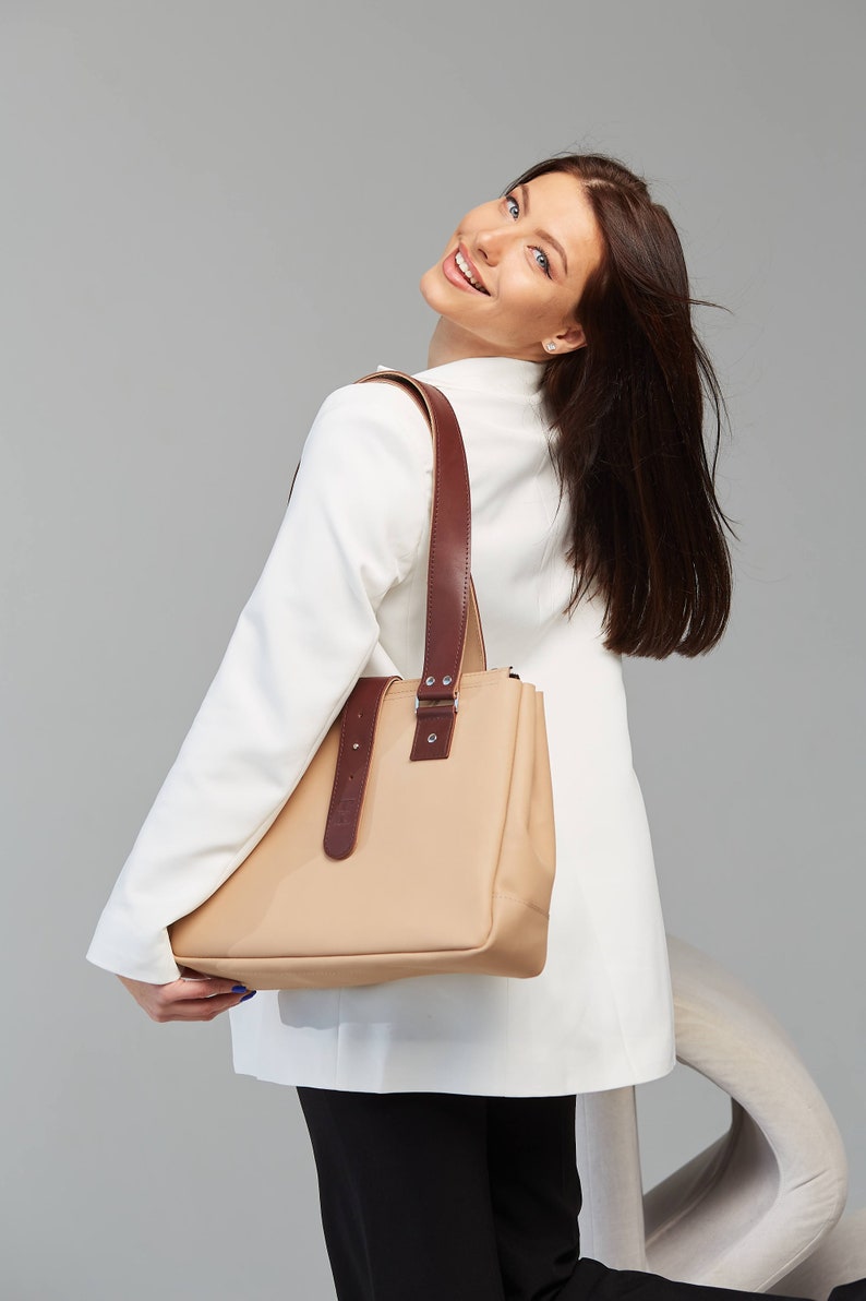 leather tote bag for women, leather shoulder bag, custom tote bag, bridesmaid tote bag, laptop tote, zipper tote bag, totebag image 3