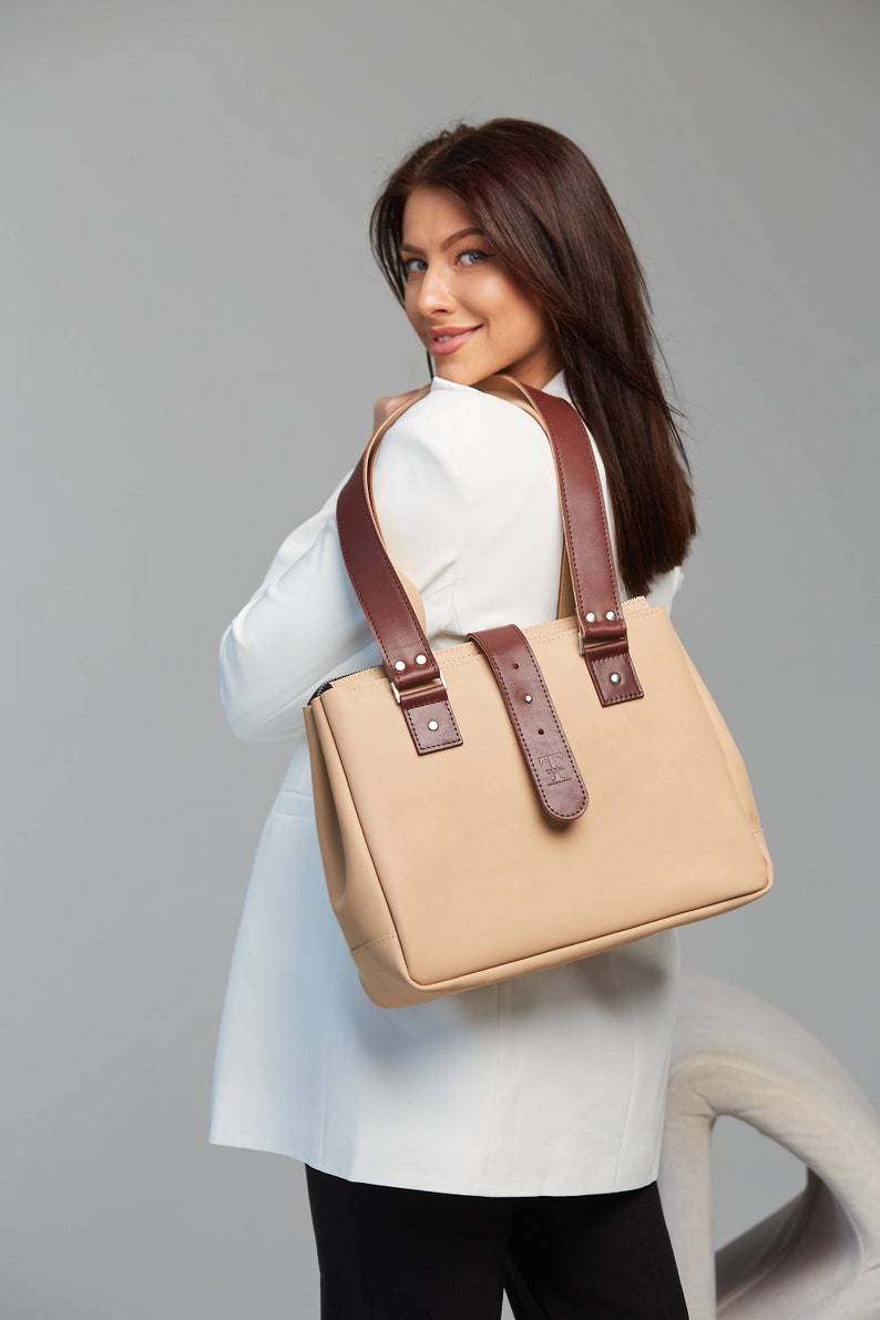 leather tote bag for women, leather shoulder bag, custom tote bag, bridesmaid tote bag, laptop tote, zipper tote bag, totebag image 8