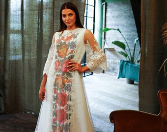 Wedding dress size S-M, evening floral dress, prom dress, unique dress, boho lace wedding dress, embroidery wedding dress