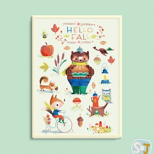 Exclusive Hello Fall woodland animals art print, autumn, wall art, bear, fox, owl