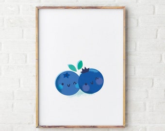 Blueberries Nursery Print: Anthropomorphic Fruit, Modern Kawaii Decor