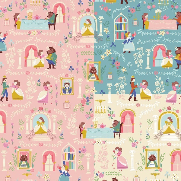 Beauty and the Beast French main fabric, OOP Riley Blake, cream, pink or blue, story book fabric, Jill Howarth, princess Belle