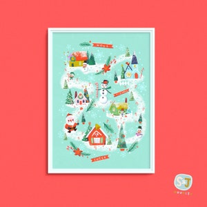 K&ouml;nnte beinhalten: Eine skurrile Weihnachtsdorf-Illustration mit blauem Hintergrund. Die Illustration zeigt einen gewundenen Weg mit H&auml;usern, B&auml;umen, Schneem&auml;nnern und dem Weihnachtsmann. Der Weg ist mit Zuckerstangen und Schneeflocken verziert. Der Text "NOEL", "TIDINGS" und "CHEER" ist auf dem Weg geschrieben.