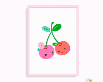 Twin cherries nursery print, cherry art, anthropomorphic fruit, modern nursery print, fruit decor, fruit theme nursery, kawaii, cute