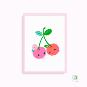 Twin cherries nursery print, cherry art, anthropomorphic fruit, modern nursery print, fruit decor, fruit theme nursery, kawaii, cute