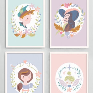 Exclusive Peter Pan set of 4 prints, Tinkerbell, Wendy Darling, Captain Hook, Peter Pan nursery, Neverland nursery art, Tinker Bell