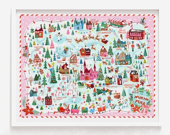 NEW! Exclusive North Pole Christmas print, Santa Claus and elves, workshop holiday art, retro Christmas art, vintage style, Santa village