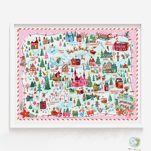 NEW! Exclusive North Pole Christmas print, Santa Claus and elves, workshop holiday art, retro Christmas art, vintage style, Santa village