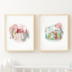 May include: Two framed illustrations of woodland scenes. The first shows a gray fox wearing a top hat and holding a walking stick in a pink and green forest. The second shows a girl in a blue dress and a girl in a red hooded cloak walking in a green forest with a gray wolf.