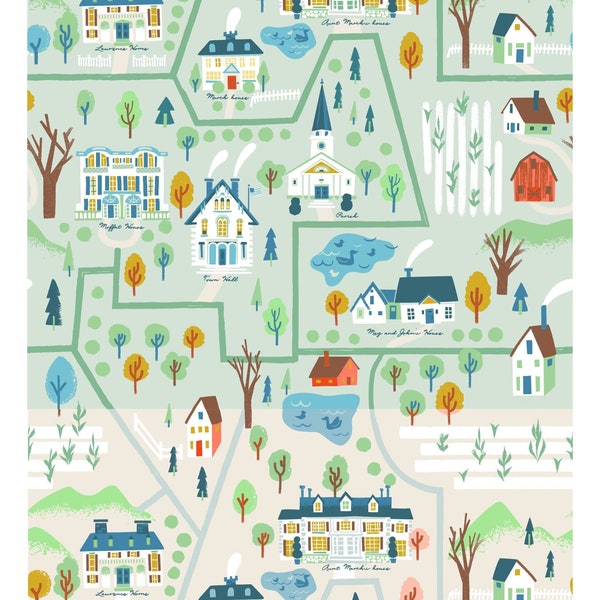 Little Women Riley Blake map fabric, OOP, cream, green or blue, Orchard House, Jill Howarth, Louisa May Alcott, Massachusetts, March House