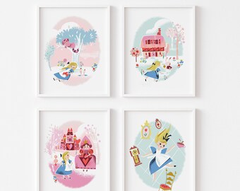 NEW! Alice in Wonderland set of prints, Down the rabbit hole, riley blake, nursery art, Jill Howarth, Cheshire cat, Queen of hearts