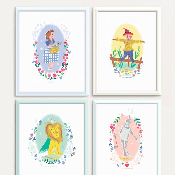 Exclusive Wizard of Oz set of 4 prints, Dorothy's journey, Tin man, cowardly lion, scarecrow, Gale, riley blake design, Oz nursery art, 80th