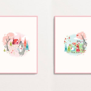 May include: Two illustrated prints featuring a wolf and a girl in a red hood. The first print shows a wolf wearing a top hat and bow tie standing in a forest with a red cottage in the background. The second print shows a girl in a red hood walking through a forest with a wolf behind her.