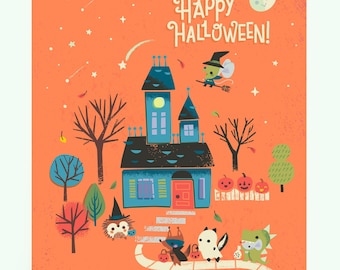 May include: A Halloween-themed illustration featuring a haunted house, trick-or-treaters, and the text "Happy Halloween!". The artwork includes a witch on a broom, pumpkins, and various cartoon animals in costumes. The background is orange with stars.