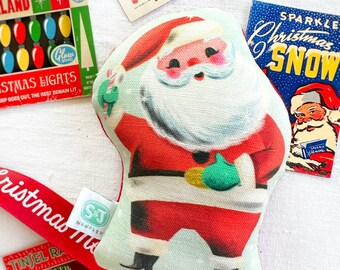 Retro Santa Linen Plushie with Jingle Bell: Baby's First Christmas Toy